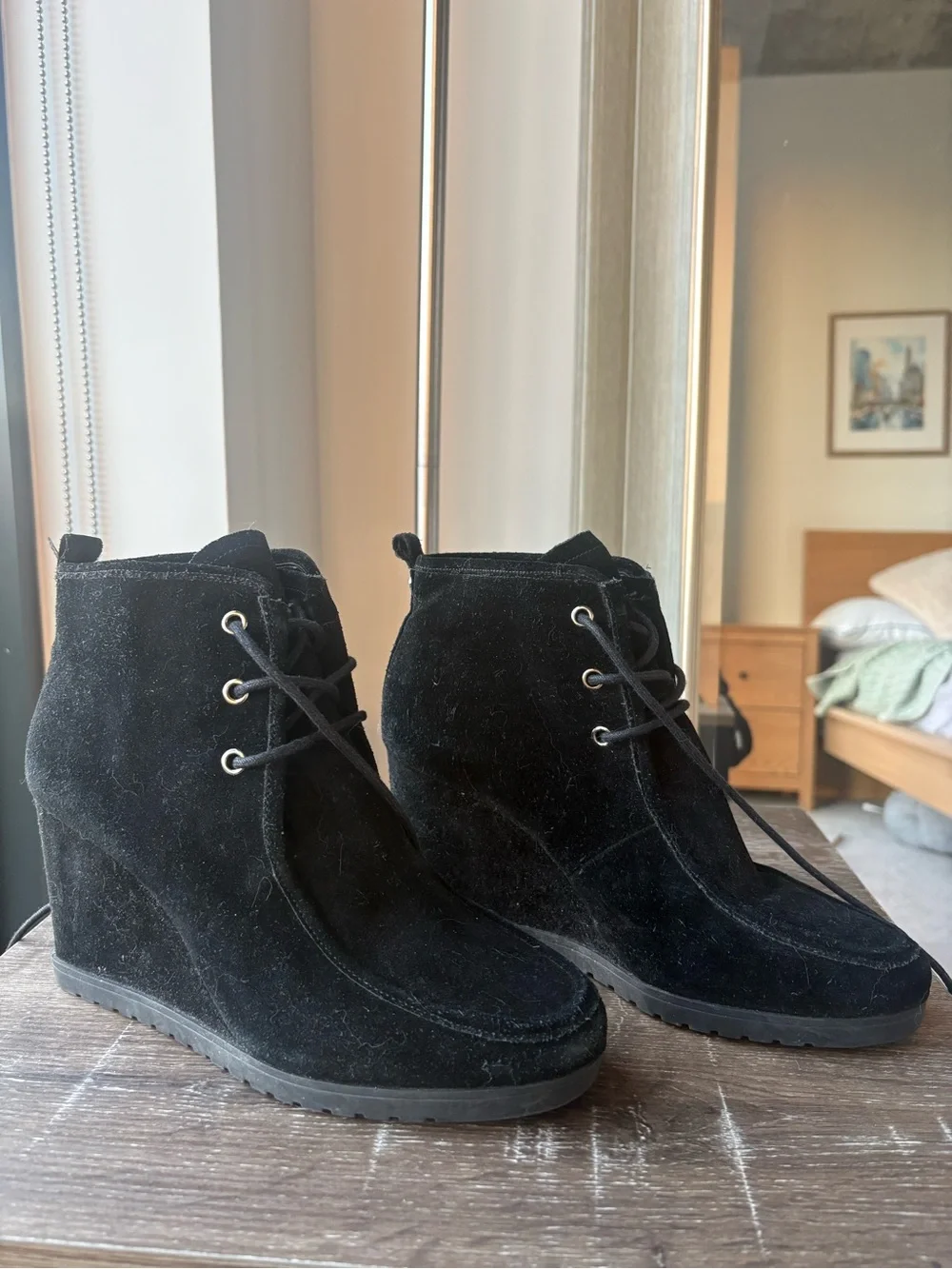 Michael Kors Black Suede Lace-Up Wedge Ankle Boots